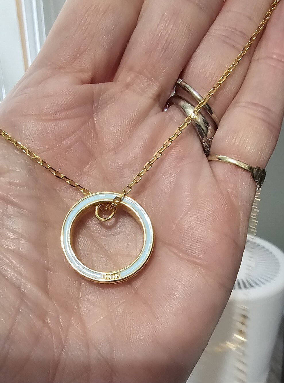 Gold Tone Circle Pendant Necklace with White Enamel Accent
